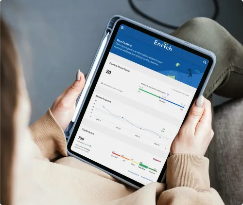 Woman using tablet to view financial wellness site